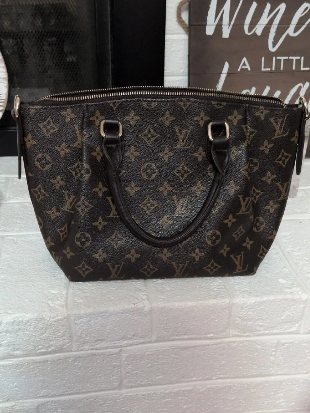 Monogrammed Brown Canvas Top-Handle Bag